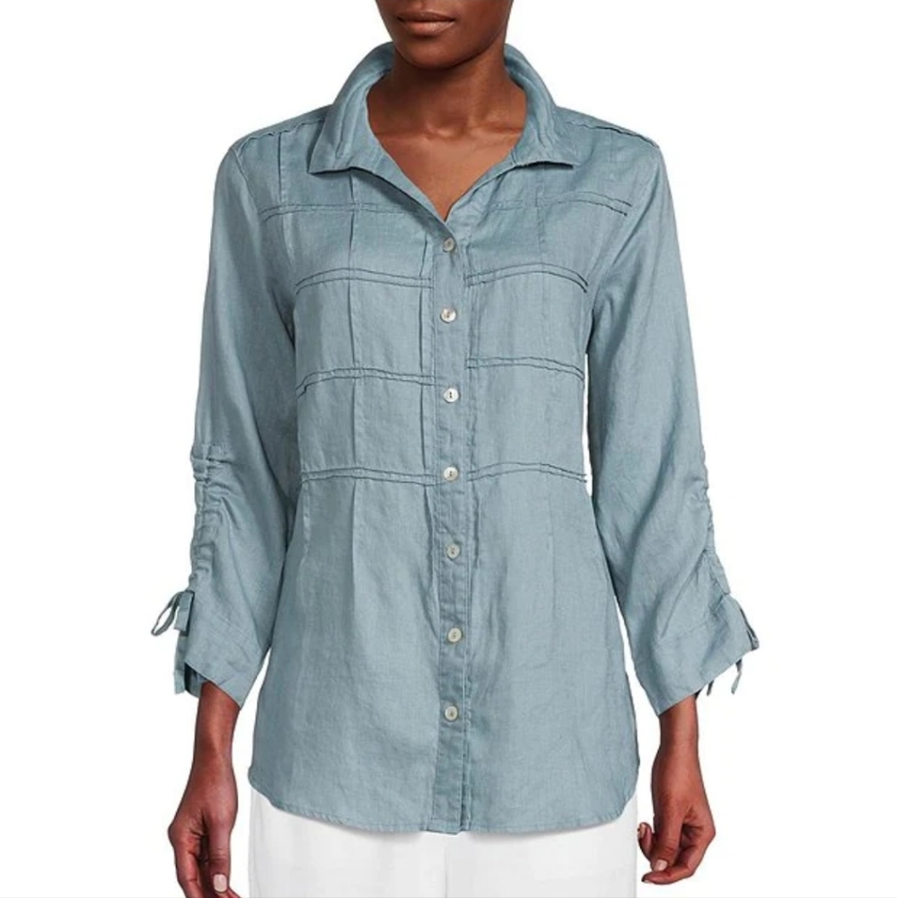 John Mark Light Blue Button-Front Linen Blouse